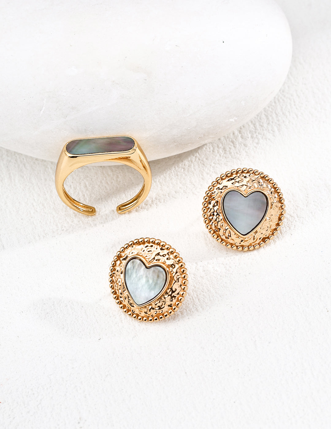 Textured Heart Earrings with Iridescent Shell Inlay | S925 Sterling Silver Gold and Silver