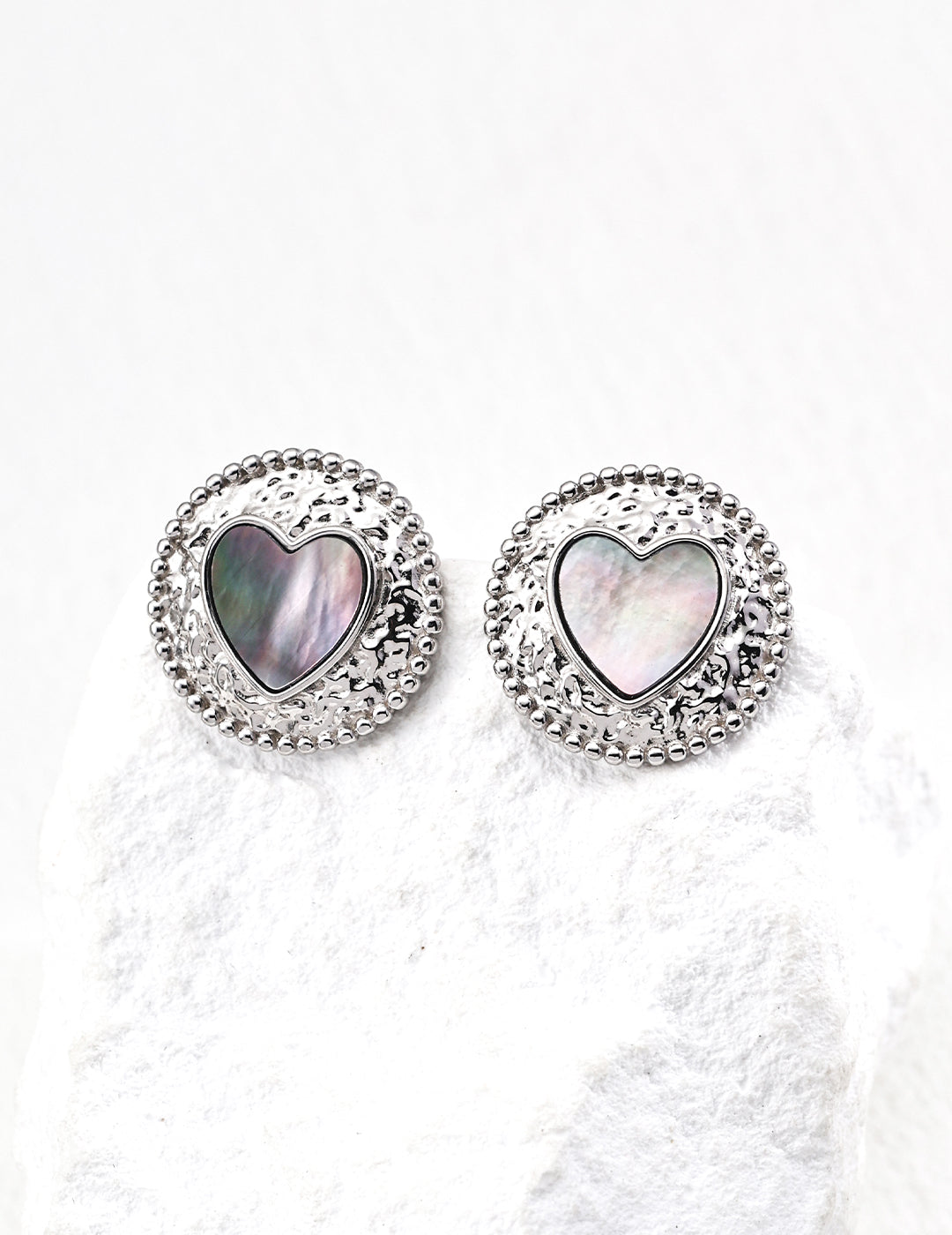 Textured Heart Earrings with Iridescent Shell Inlay | S925 Sterling Silver Gold and Silver
