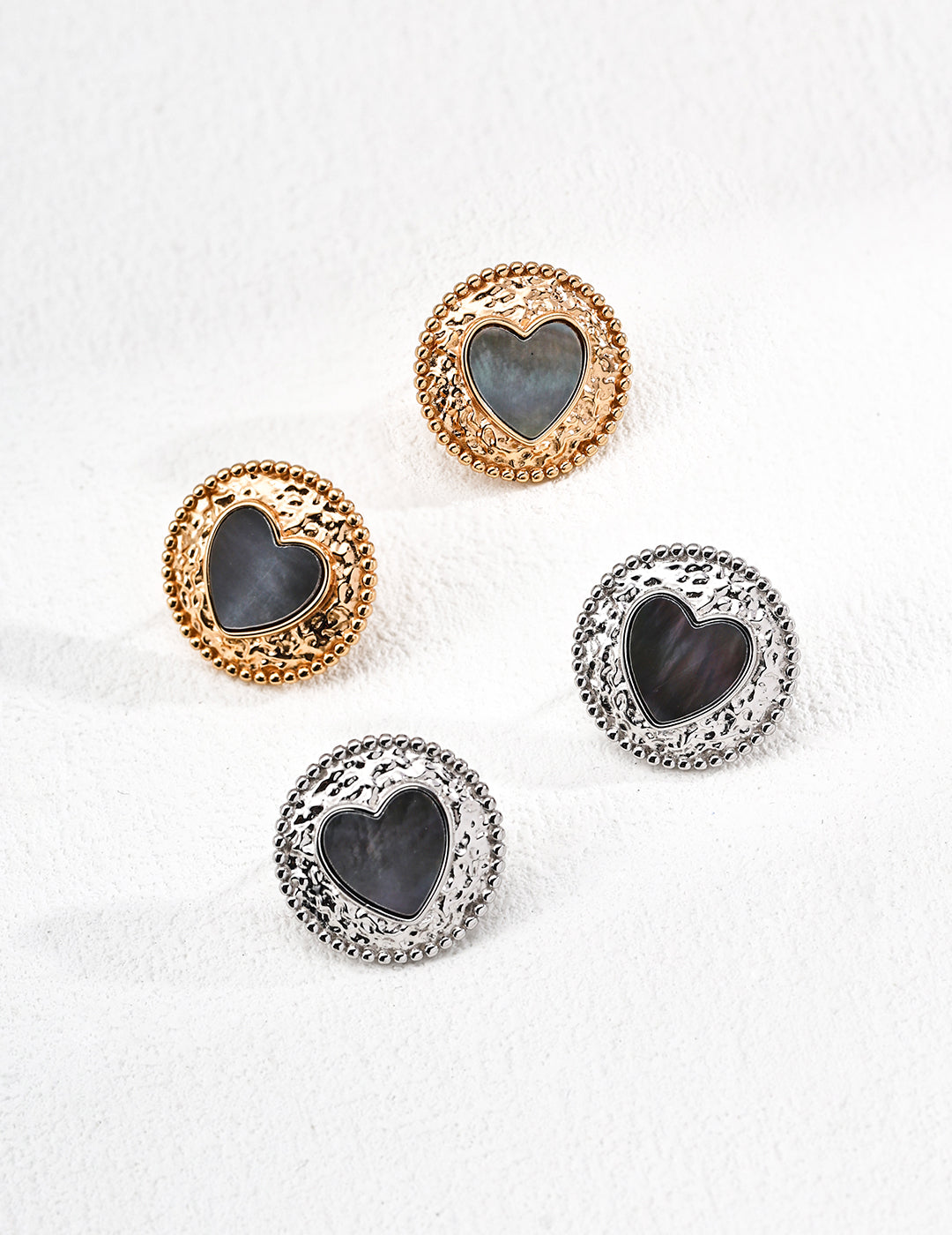 Textured Heart Earrings with Iridescent Shell Inlay | S925 Sterling Silver Gold and Silver