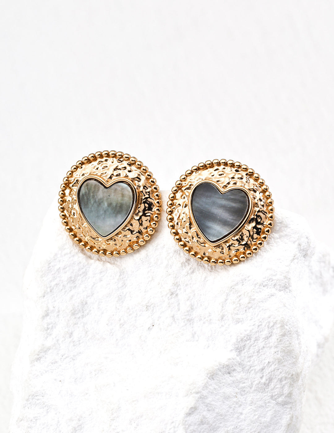 Textured Heart Earrings with Iridescent Shell Inlay | S925 Sterling Silver Gold and Silver