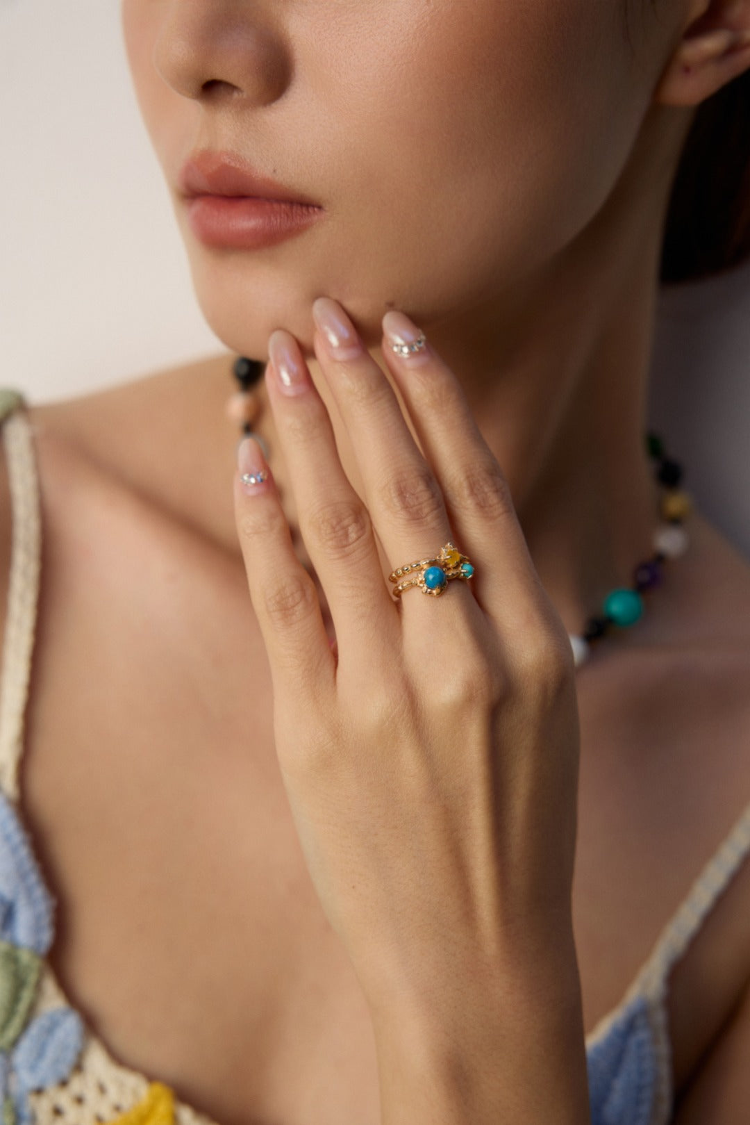 Van Gogh Starry Night Inspired S925 Silver Vintage Gold Multi-Gemstone Adjustable Ring | Starry Night Dream