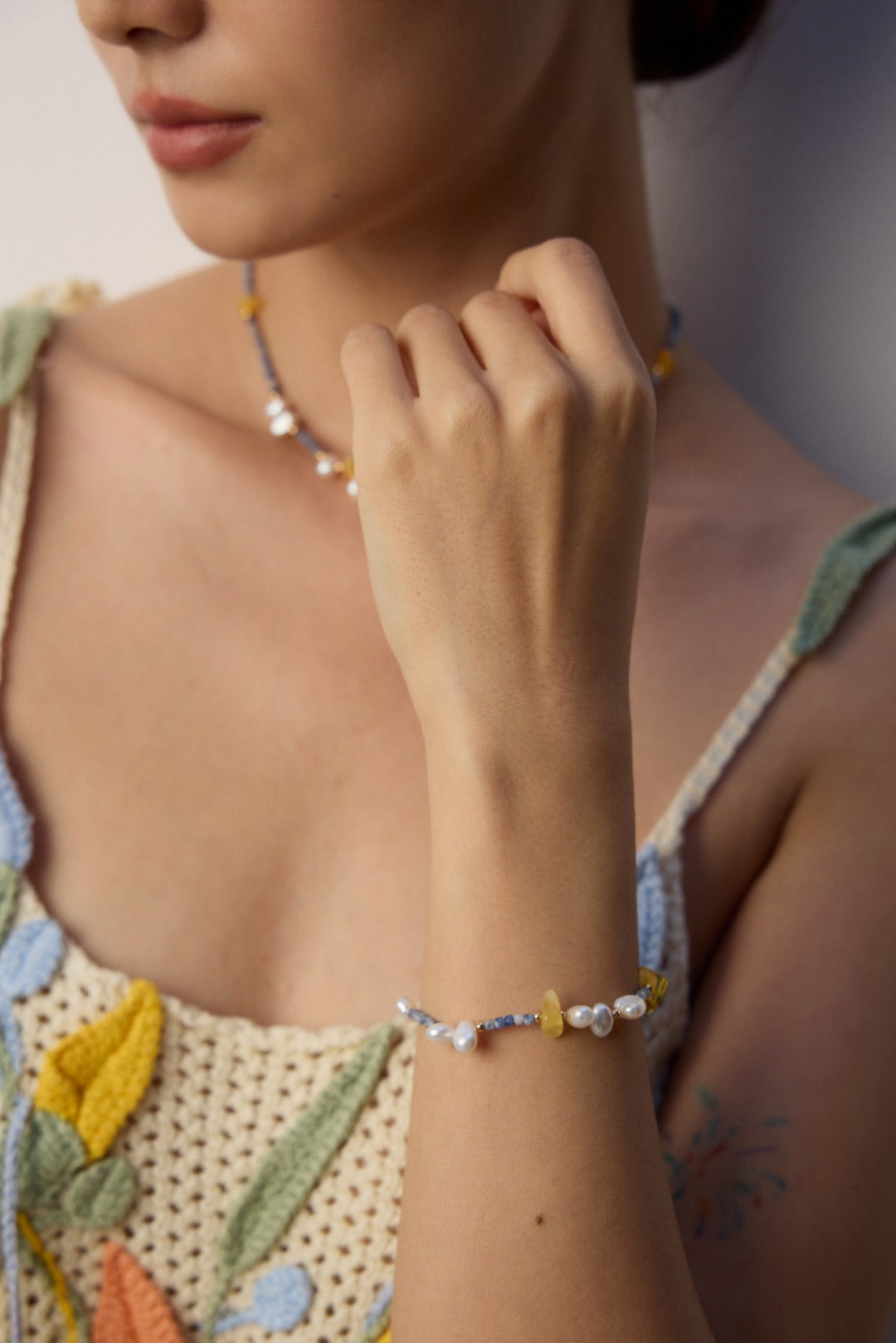 S925 Silver Amber Pearl Sodalite Necklace | Vintage Gold Irregular Gemstone Beads