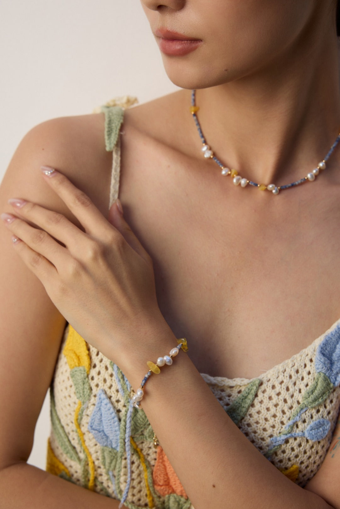 S925 Silver Amber Pearl Sodalite Necklace | Vintage Gold Irregular Gemstone Beads