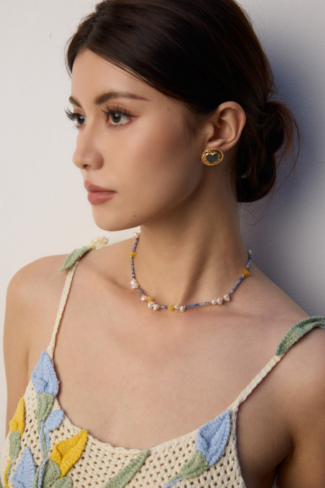 S925 Silver Amber Pearl Sodalite Necklace | Vintage Gold Irregular Gemstone Beads