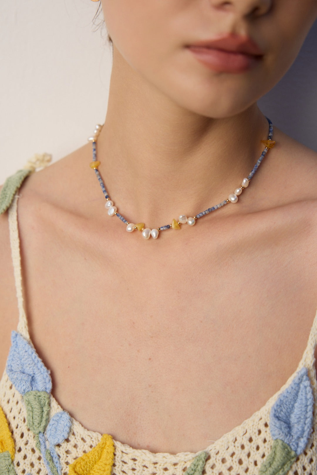 S925 Silver Amber Pearl Sodalite Necklace | Vintage Gold Irregular Gemstone Beads