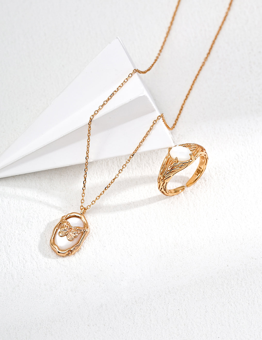 legant Butterfly Necklace with Mother-of-Pearl Inlay | S925 Sterling Silver, Vintage Gold