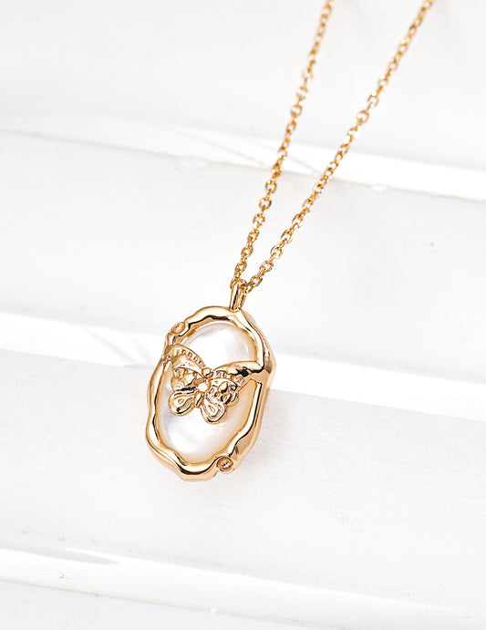 legant Butterfly Necklace with Mother-of-Pearl Inlay | S925 Sterling Silver, Vintage Gold