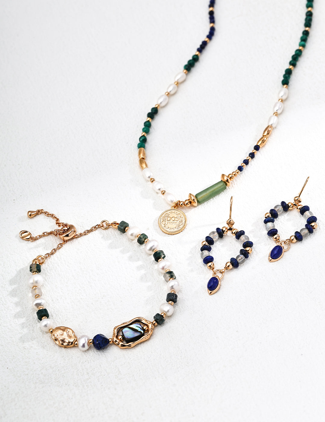 Vintage Gold-Tone Natural Gemstone & Pearl Sterling Silver Necklace | Bracelet | Earrings