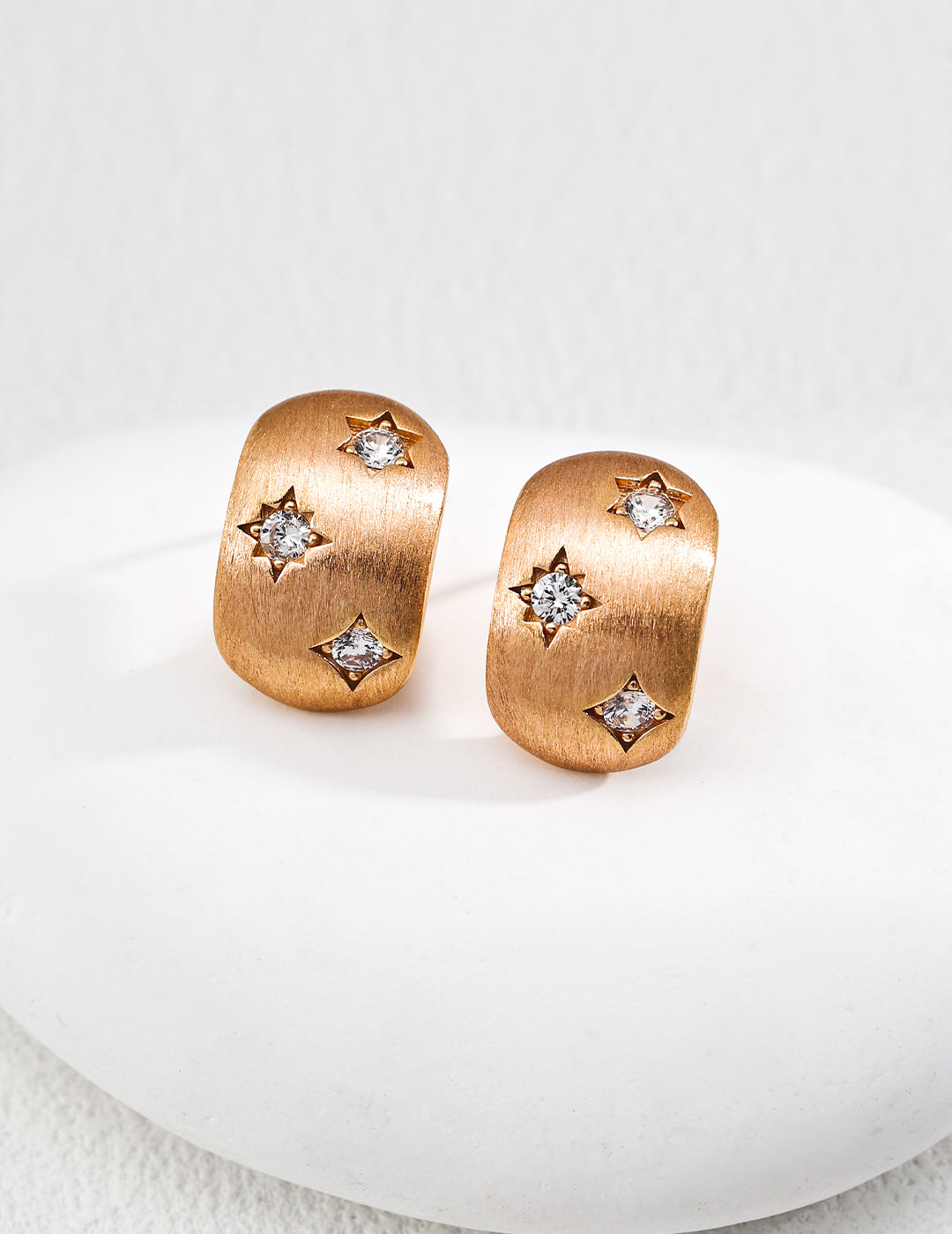 Modern Brushed Gold Stud Earrings, Sterling Silver Starburst Zircon Earrings, Dainty Minimalist Studs, Geometric Sparkly Jewelry Gift