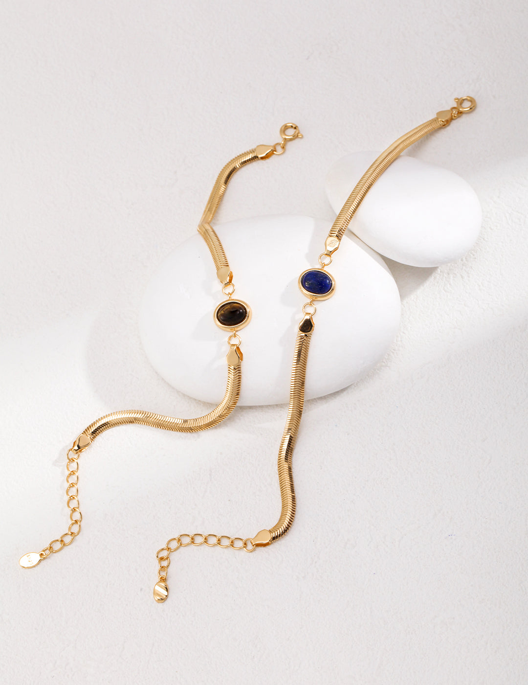Elegant Herringbone Chain Bracelet | S925 Silver with Natural Gemstone | Lapis Lazuli/Tiger's Eye