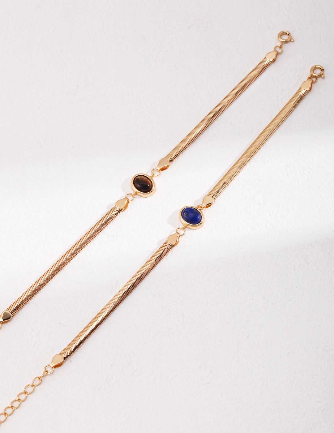 Elegant Herringbone Chain Bracelet | S925 Silver with Natural Gemstone | Lapis Lazuli/Tiger's Eye