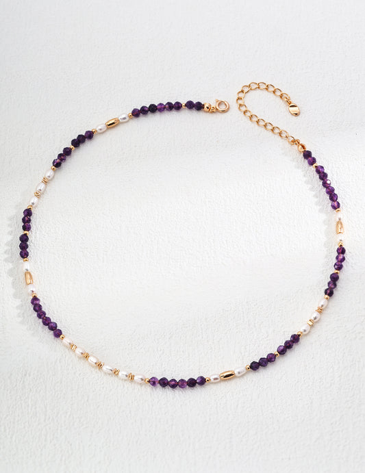 Natural Amethyst Lavender & Freshwater Pearl Beaded Necklace | S925 Silver Vintage Gold Finish