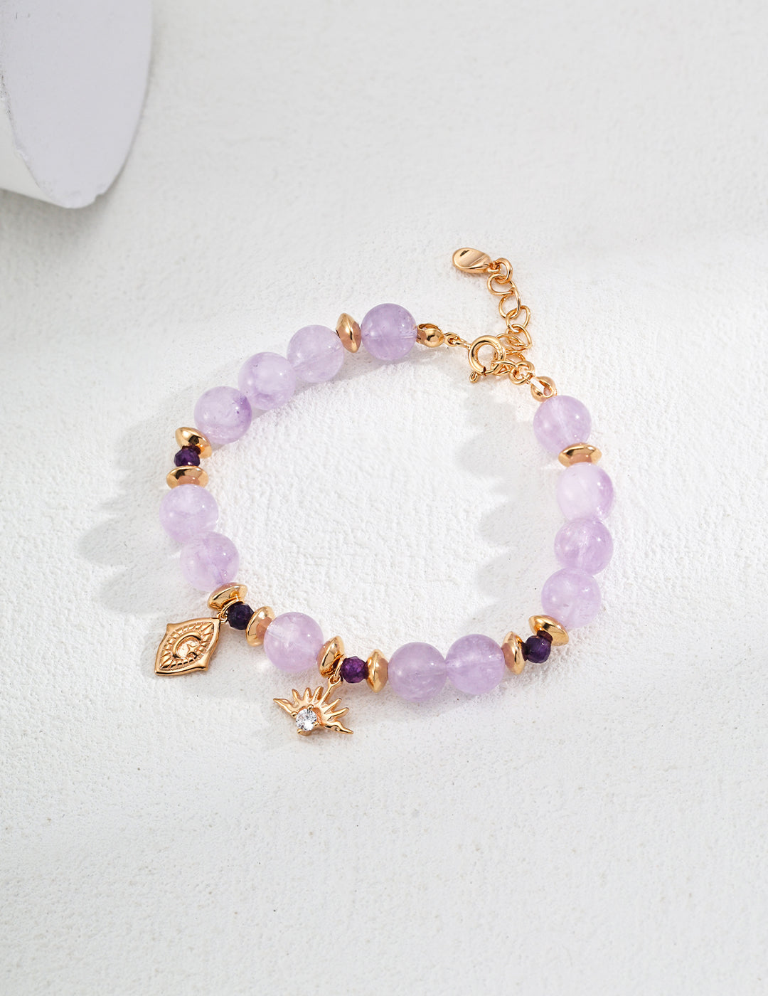 Dreamy Lavender: S925 Silver Amethyst Beaded Bracelet | Vintage Gold Guardian Charms, Elegant & Chic