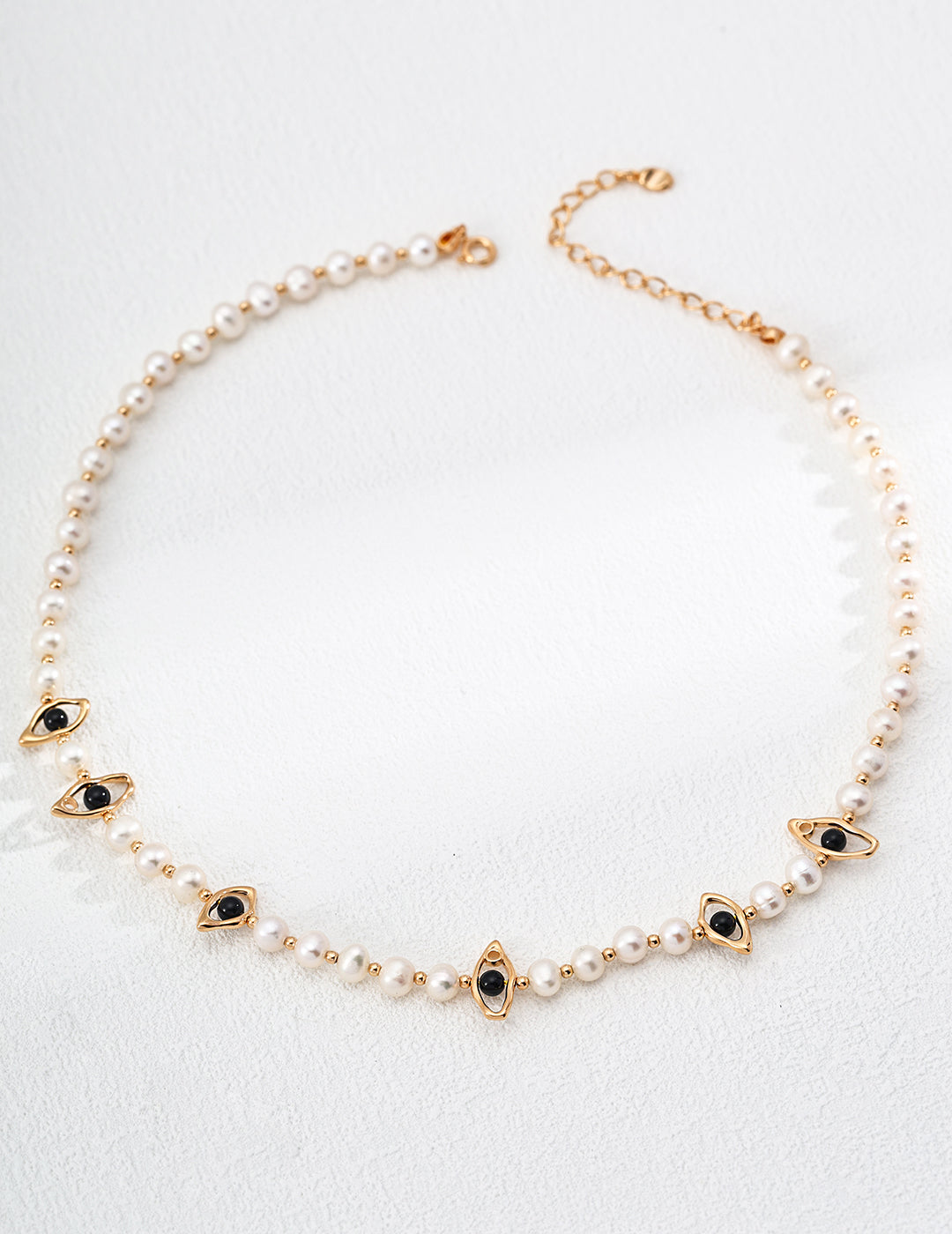 S925 Silver Natural Pearl & Black Onyx Evil Eye Necklace | Vintage Gold French Starry Night Choker