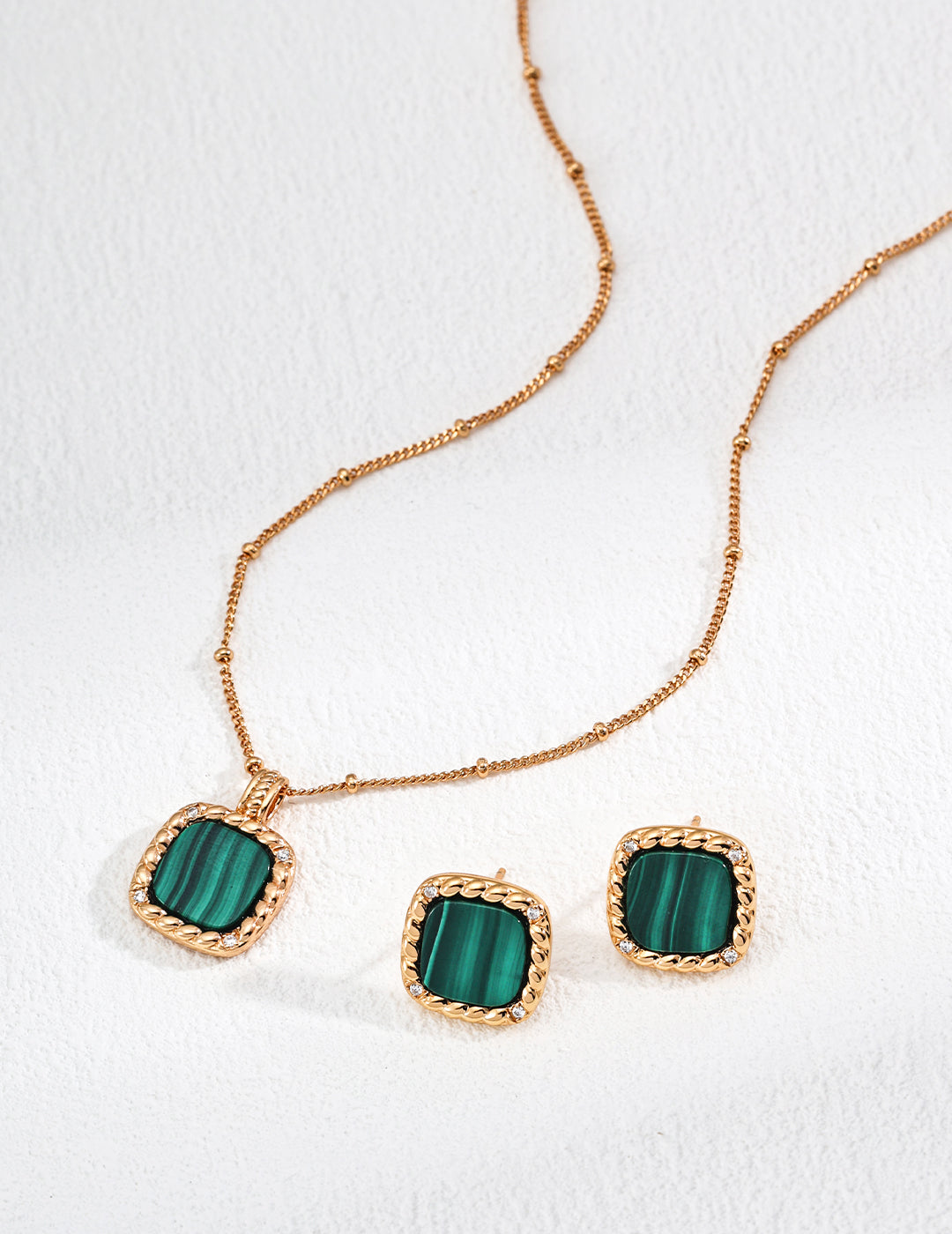 Vintage Palace Style S925 Silver Malachite Pendant Necklace and Earrings | Rope Bezel Zircon Accents, Elegant Charm