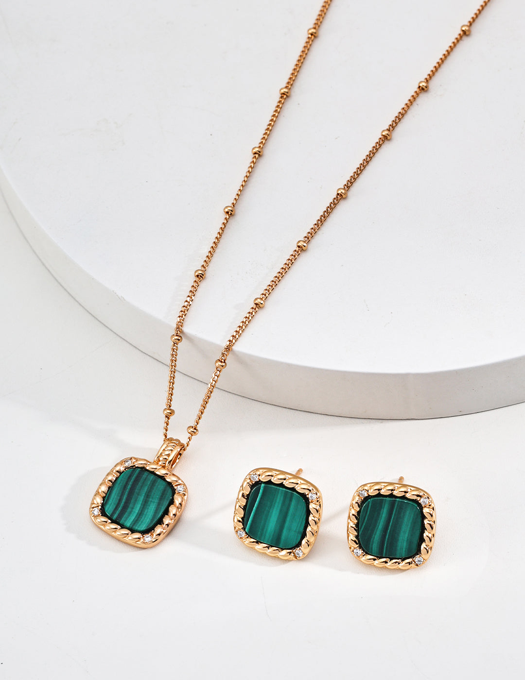 Vintage Palace Style S925 Silver Malachite Pendant Necklace and Earrings | Rope Bezel Zircon Accents, Elegant Charm