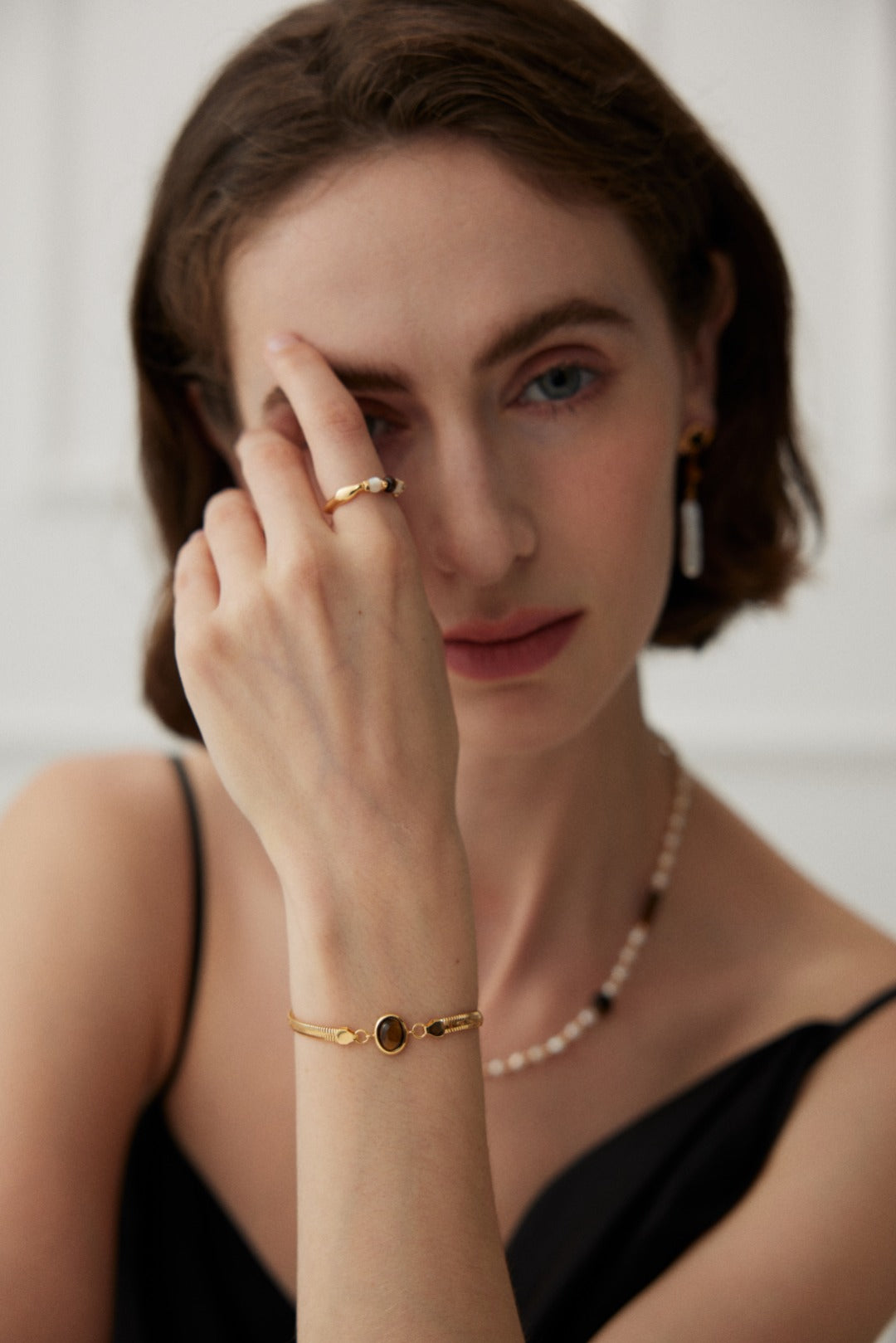 Elegant Herringbone Chain Bracelet | S925 Silver with Natural Gemstone | Lapis Lazuli/Tiger's Eye