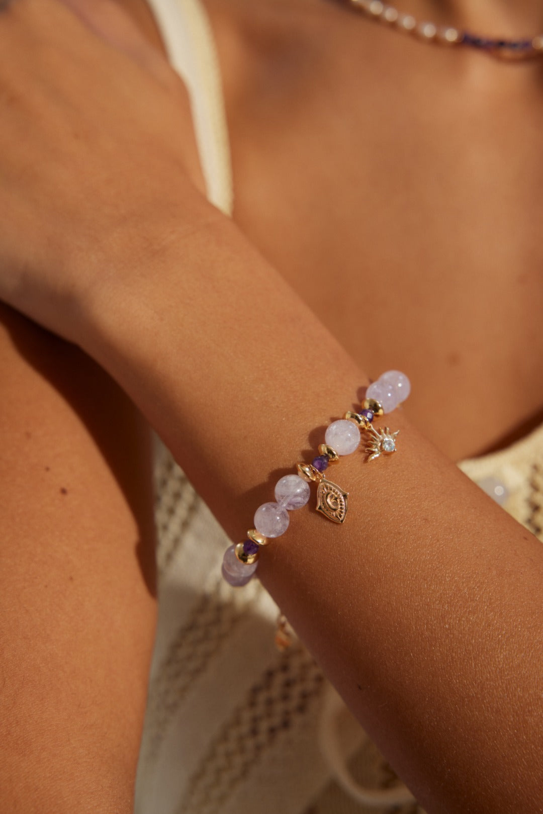 Dreamy Lavender: S925 Silver Amethyst Beaded Bracelet | Vintage Gold Guardian Charms, Elegant & Chic