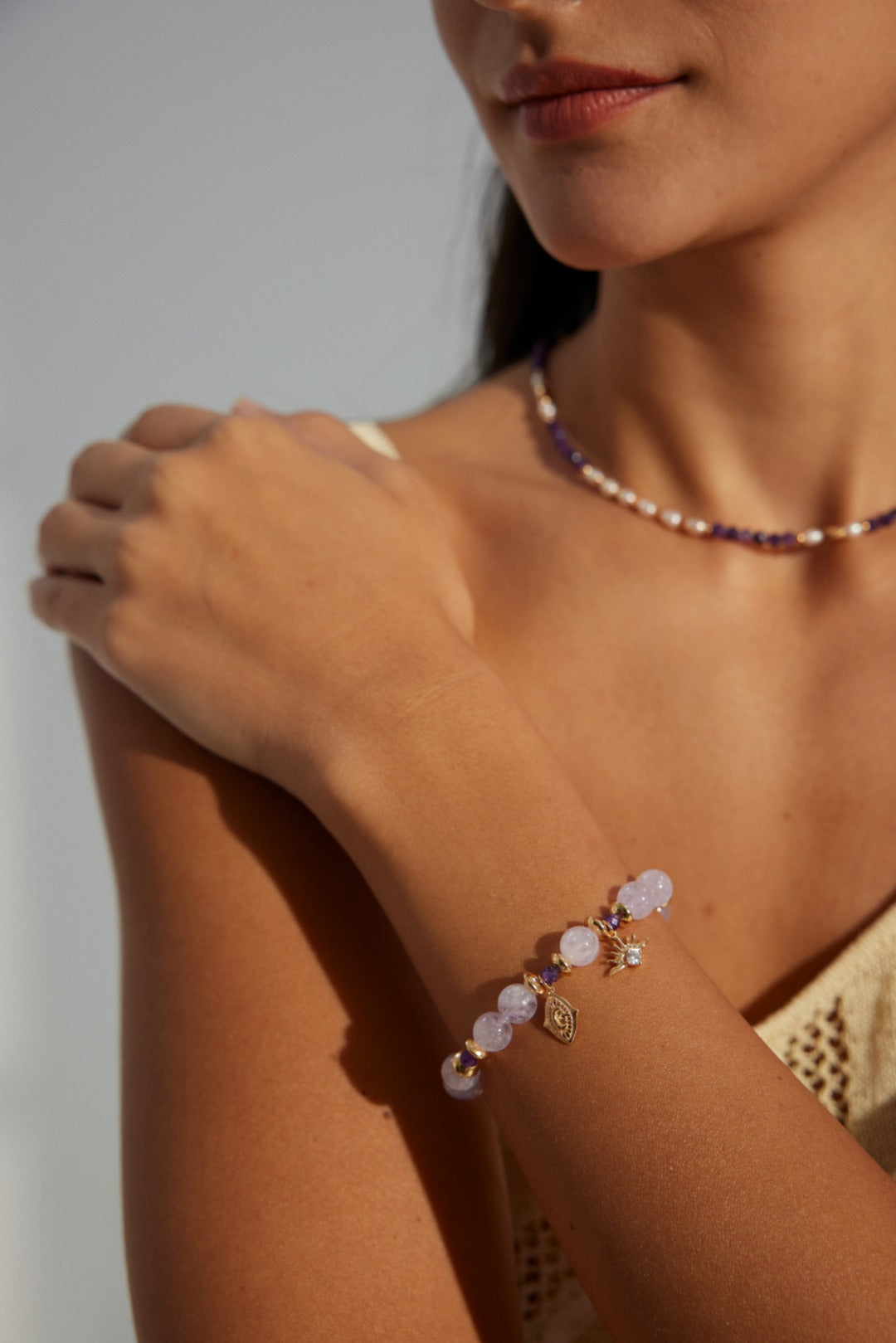 Dreamy Lavender: S925 Silver Amethyst Beaded Bracelet | Vintage Gold Guardian Charms, Elegant & Chic